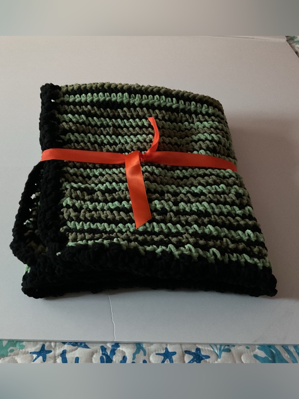 Cozy handmade  Black and Green Striped Crochet Throw Blanket - Brand